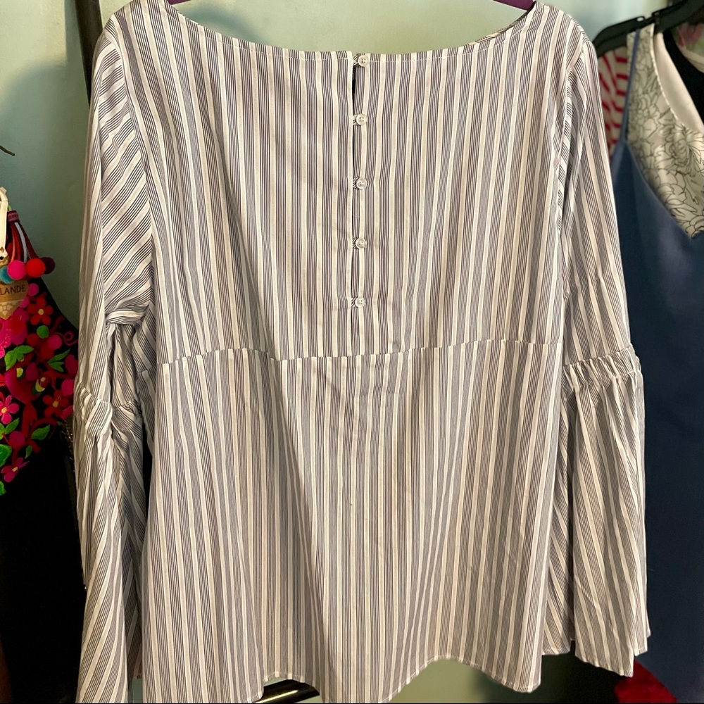 3 FOR $25: Bell-sleeve boatneck top in navy pinstripes